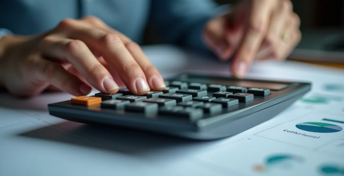 Main utilisant une calculatrice avec des documents immobiliers flous en arrière-plan