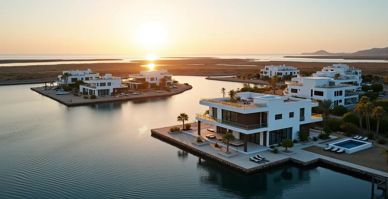 Vue aérienne montrant la différence entre propriétés en première ligne de canal et arrière-plan à Empuriabrava