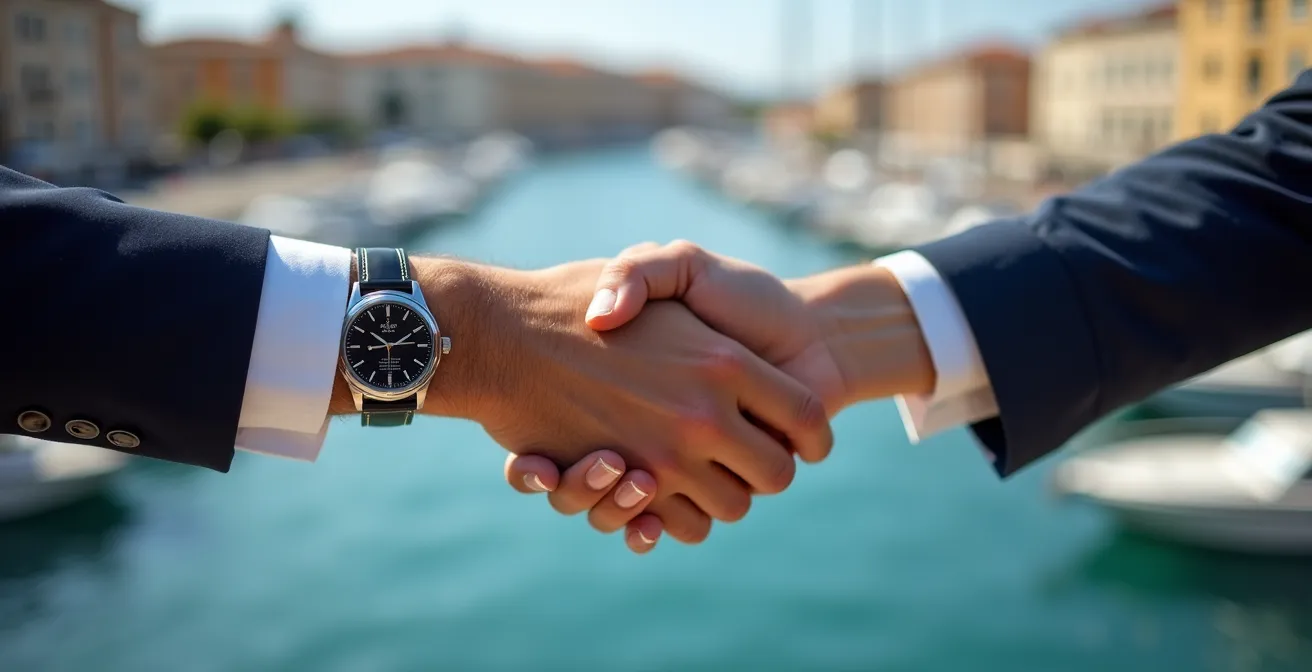 Poignée de main entre professionnels devant une marina avec bateaux flous en arrière-plan