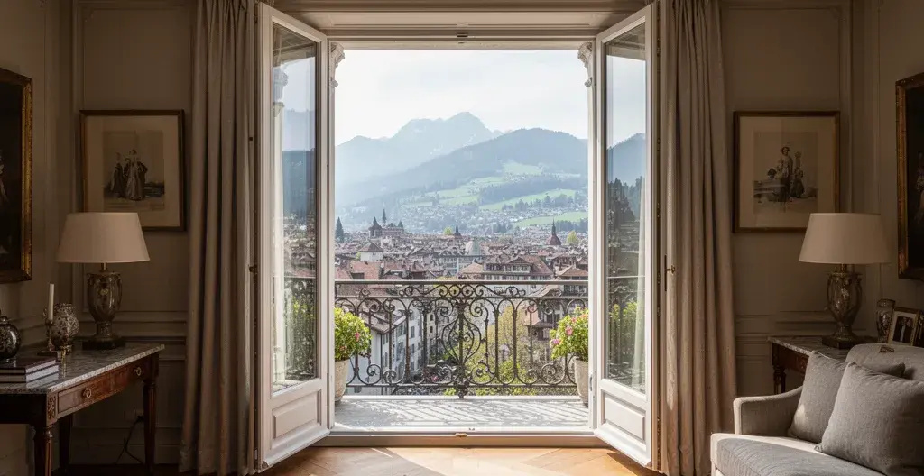 Intérieur appartement de standing avec vue panoramique sur ville suisse