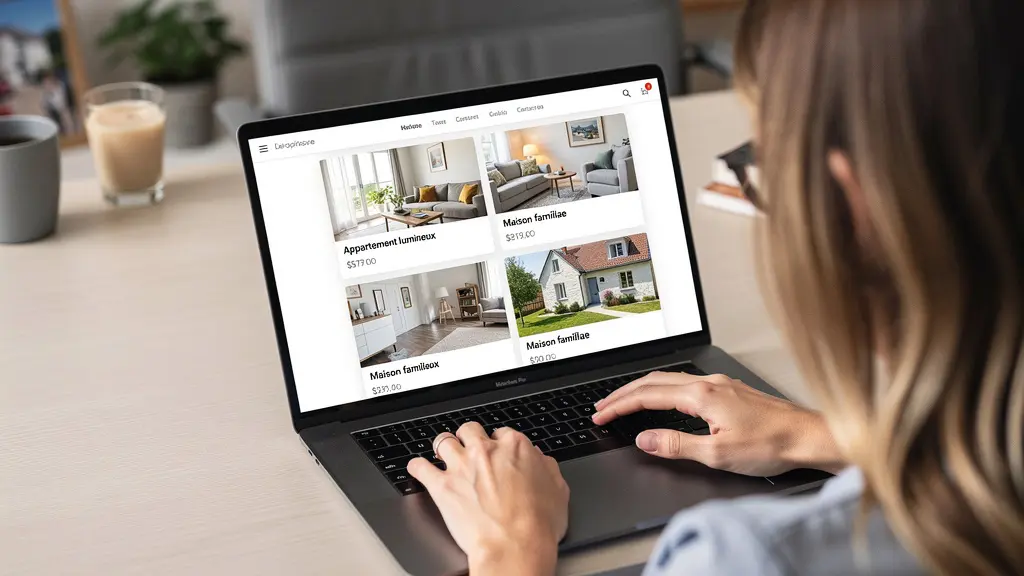Personne consultant annonces immobilières sur ordinateur pour comparer agences