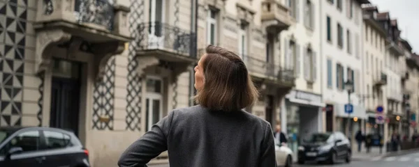 Personne observant façade Art nouveau à La Chaux-de-Fonds pour projet immobilier