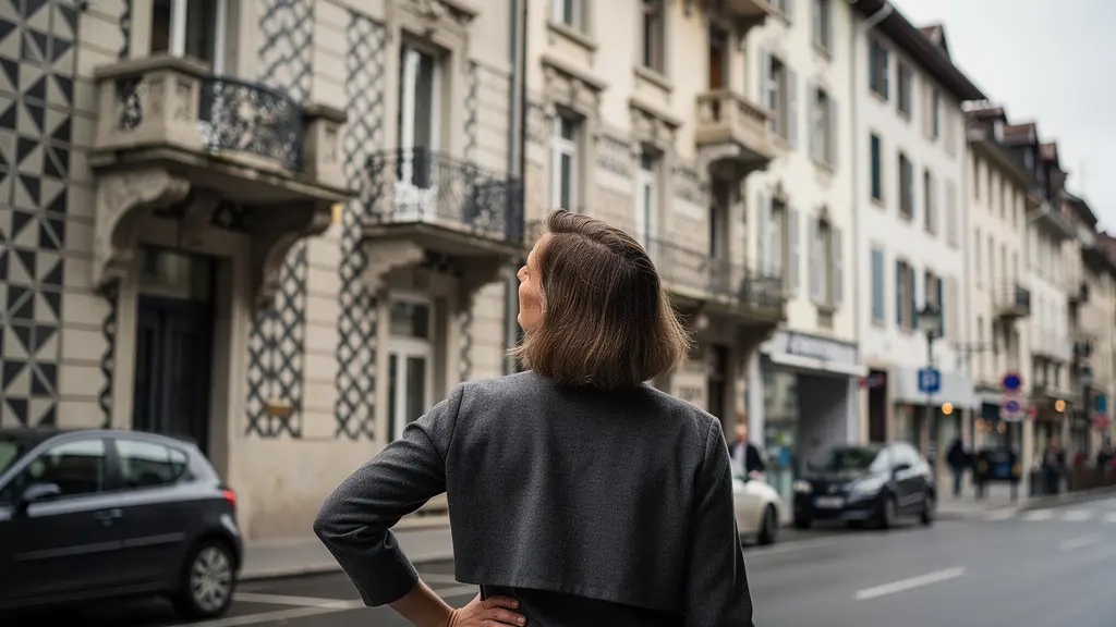 Personne observant façade Art nouveau à La Chaux-de-Fonds pour projet immobilier