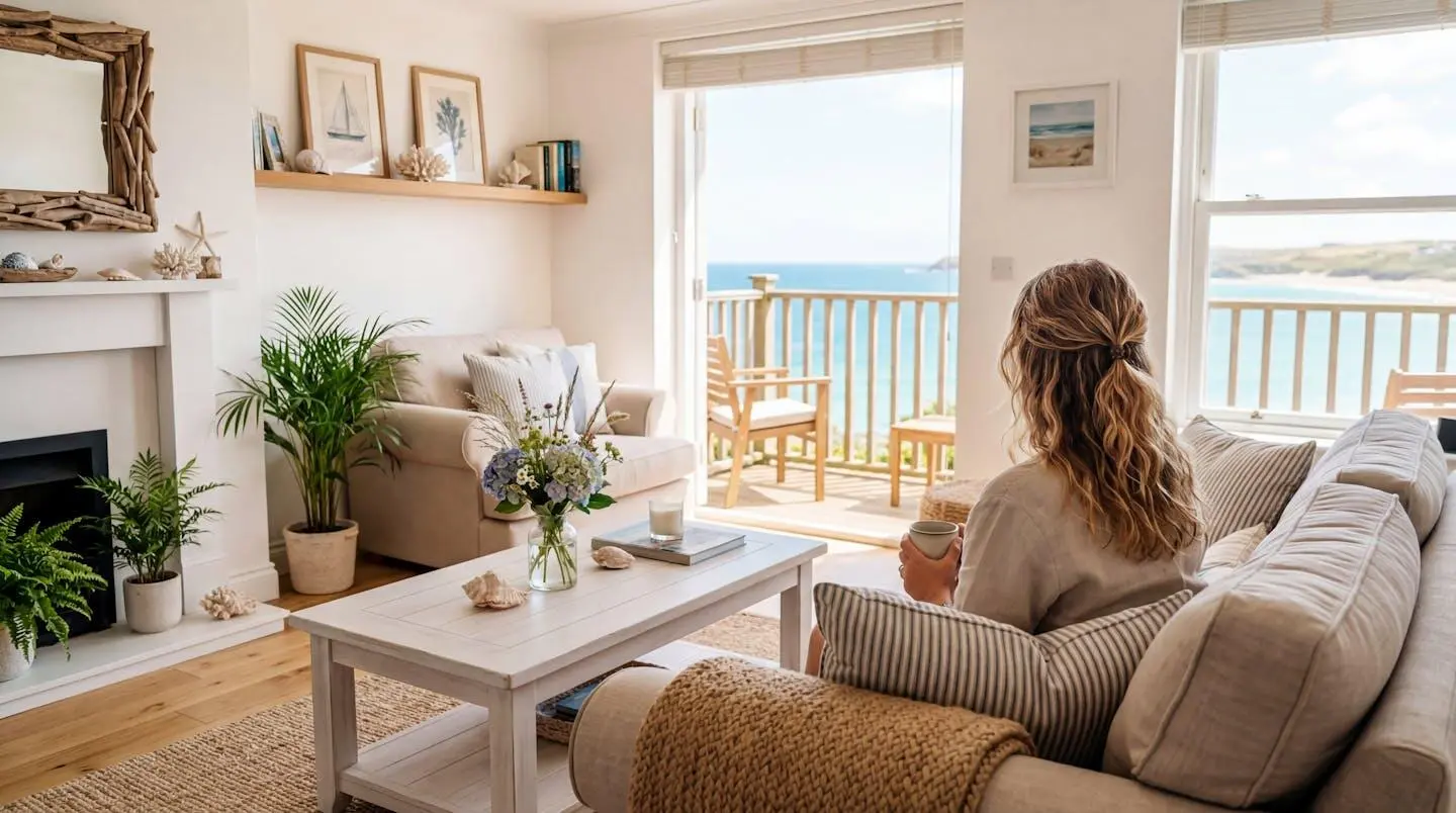 Salon lumineux d'un appartement de vacances avec décoration côtière, lumière naturelle abondante entrant par une grande fenêtre