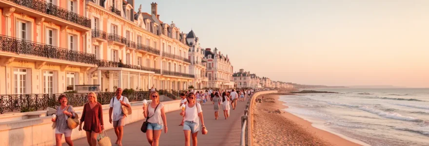 Vue panoramique de la plage des Sables d'Olonne avec résidences balnéaires et promenade estivale