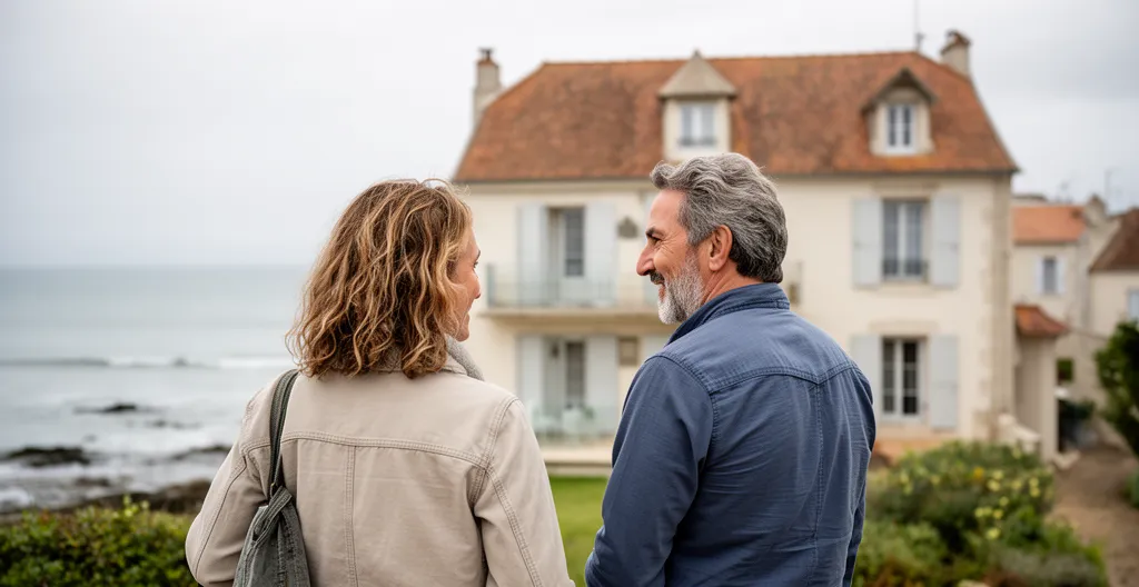 Propriétaire et gestionnaire locatif discutant devant une maison de vacances vendéenne