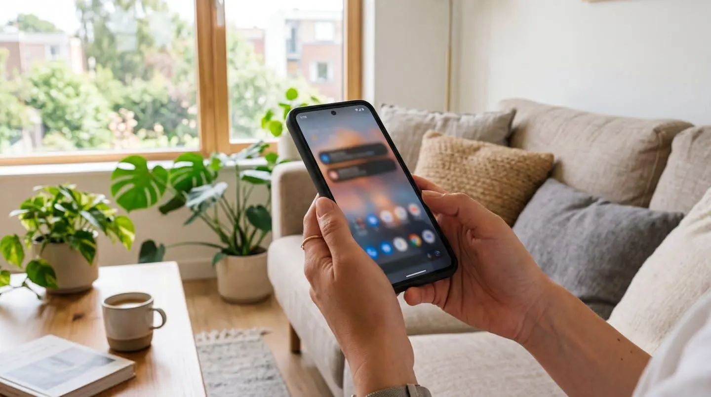 Mains d'une personne tenant un smartphone dans un salon lumineux, écran flouté, arrière-plan avec vue sur l'extérieur