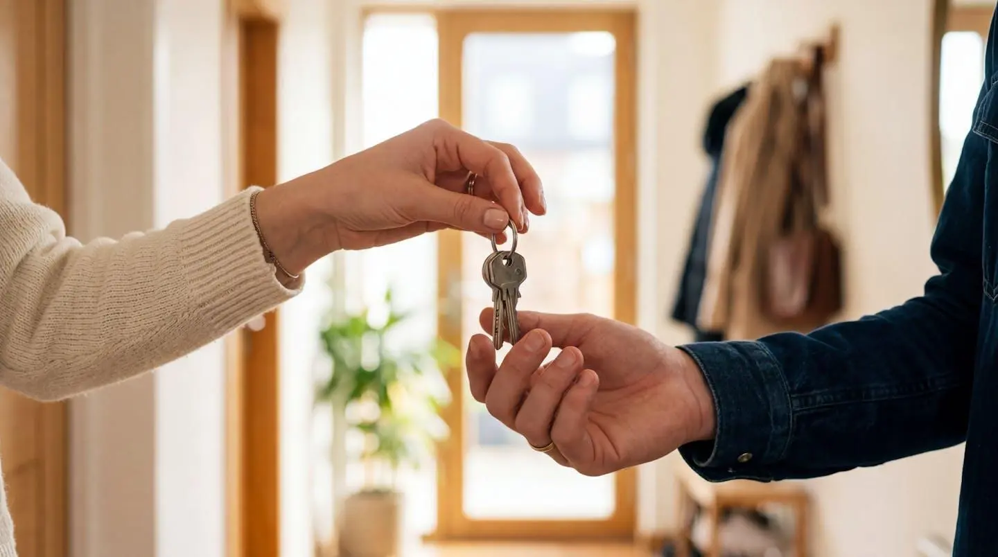 Gros plan sur deux mains échangeant un trousseau de clés avec porte-clés, dans l'entrée lumineuse d'un appartement