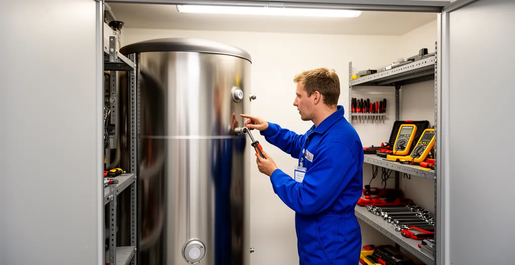 Technicien vérifiant le chauffe-eau d'une location saisonnière
