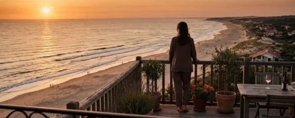 Vue sur la plage des Sables d'Olonne depuis une terrasse d'appartement, silhouette d'une personne de dos contemplant la mer en fin de journée estivale