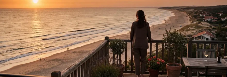 Vue sur la plage des Sables d'Olonne depuis une terrasse d'appartement, silhouette d'une personne de dos contemplant la mer en fin de journée estivale