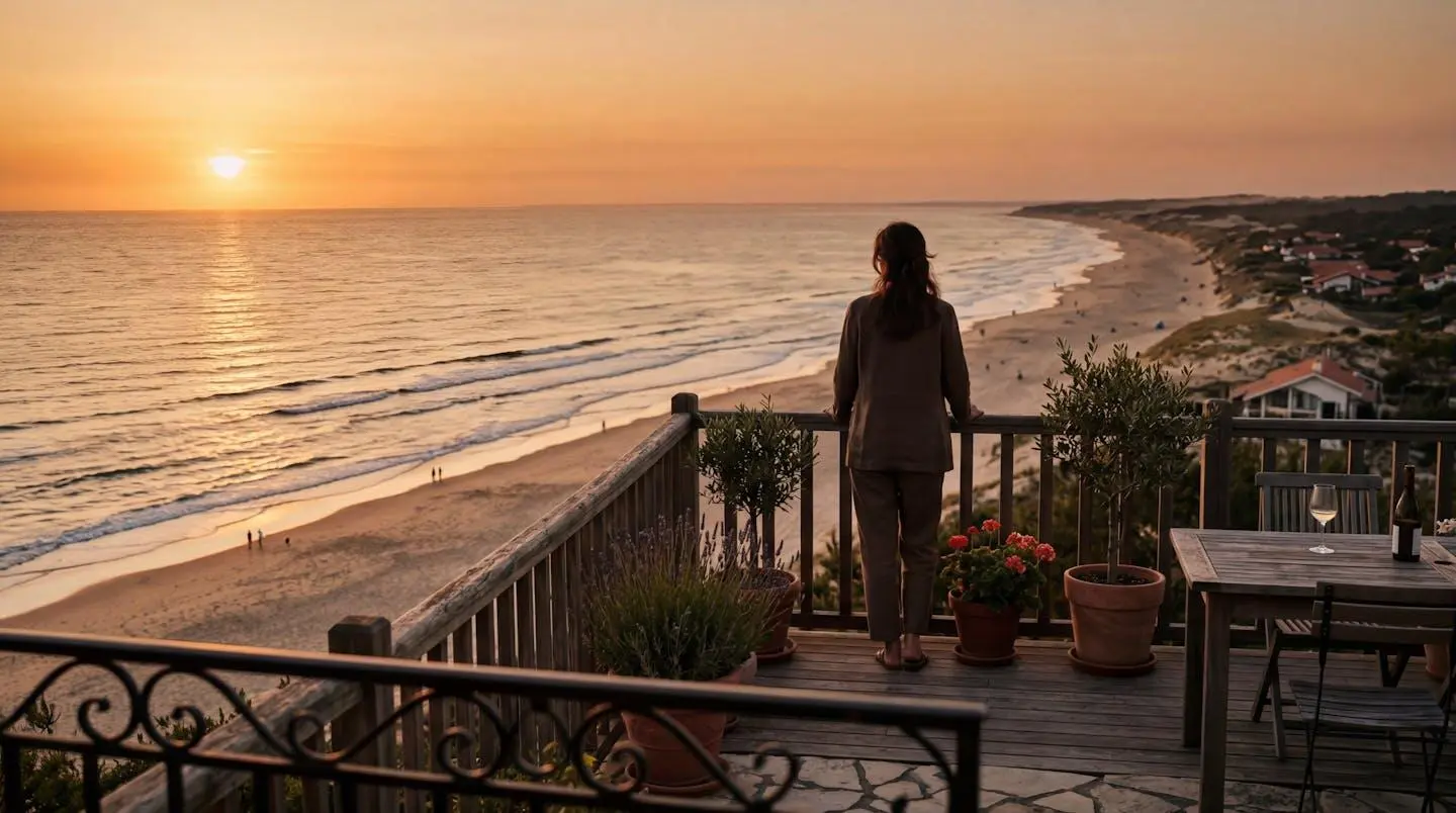 Vue sur la plage des Sables d'Olonne depuis une terrasse d'appartement, silhouette d'une personne de dos contemplant la mer en fin de journée estivale