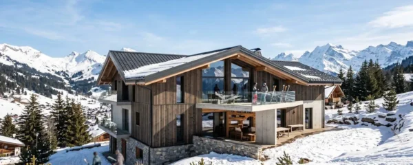 Façade d'un chalet contemporain au Grand-Bornand, architecture moderne savoyarde avec bardage bois clair et grandes baies vitrées, environnement montagneux enneigé sous ciel bleu