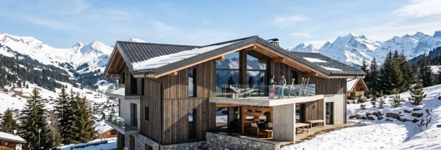 Façade d'un chalet contemporain au Grand-Bornand, architecture moderne savoyarde avec bardage bois clair et grandes baies vitrées, environnement montagneux enneigé sous ciel bleu