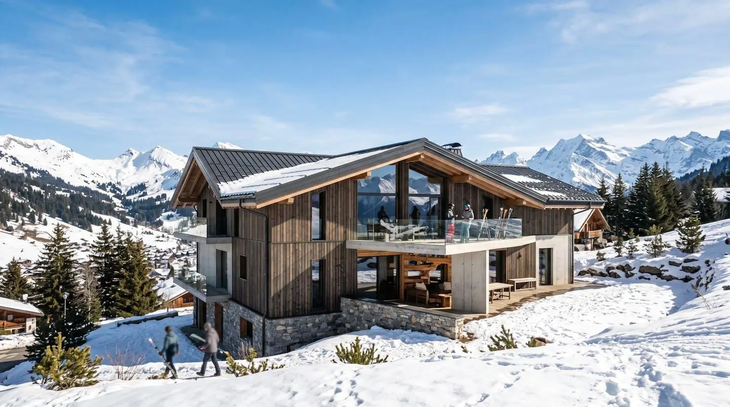 Façade d'un chalet contemporain au Grand-Bornand, architecture moderne savoyarde avec bardage bois clair et grandes baies vitrées, environnement montagneux enneigé sous ciel bleu