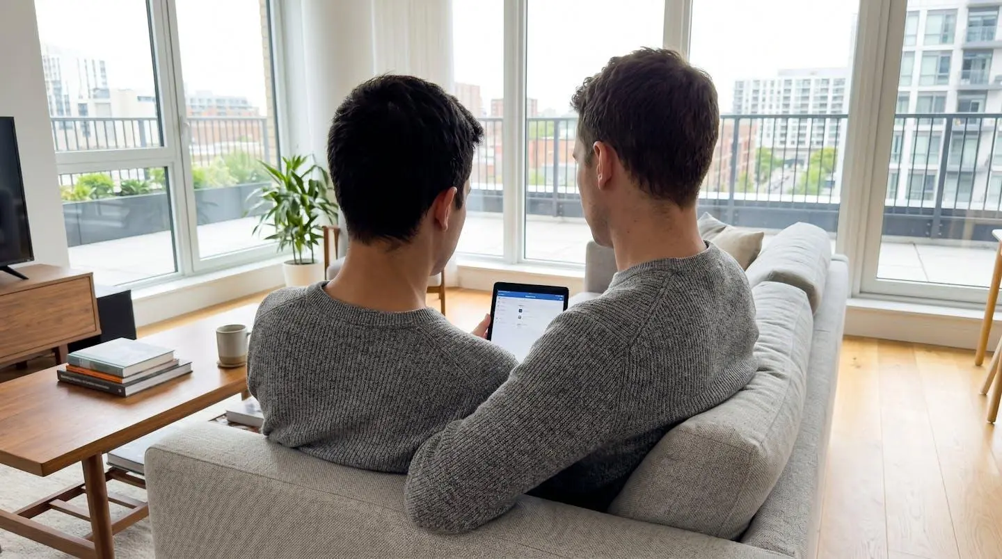 Vue de dos d'une personne en pull gris consultant une tablette tactile dans un salon contemporain lumineux, grandes fenêtres en arrière-plan, lumière naturelle abondante