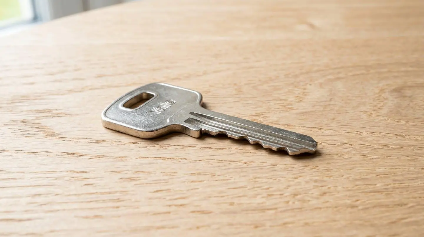 Gros plan sur un trousseau de clés moderne argenté posé sur une table en bois clair, lumière naturelle latérale, arrière-plan flouté