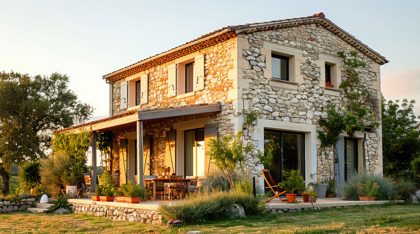 Intérieur d'une grange rénovée avec poutres apparentes et mur en pierre, baigné d'une lumière tamisée.