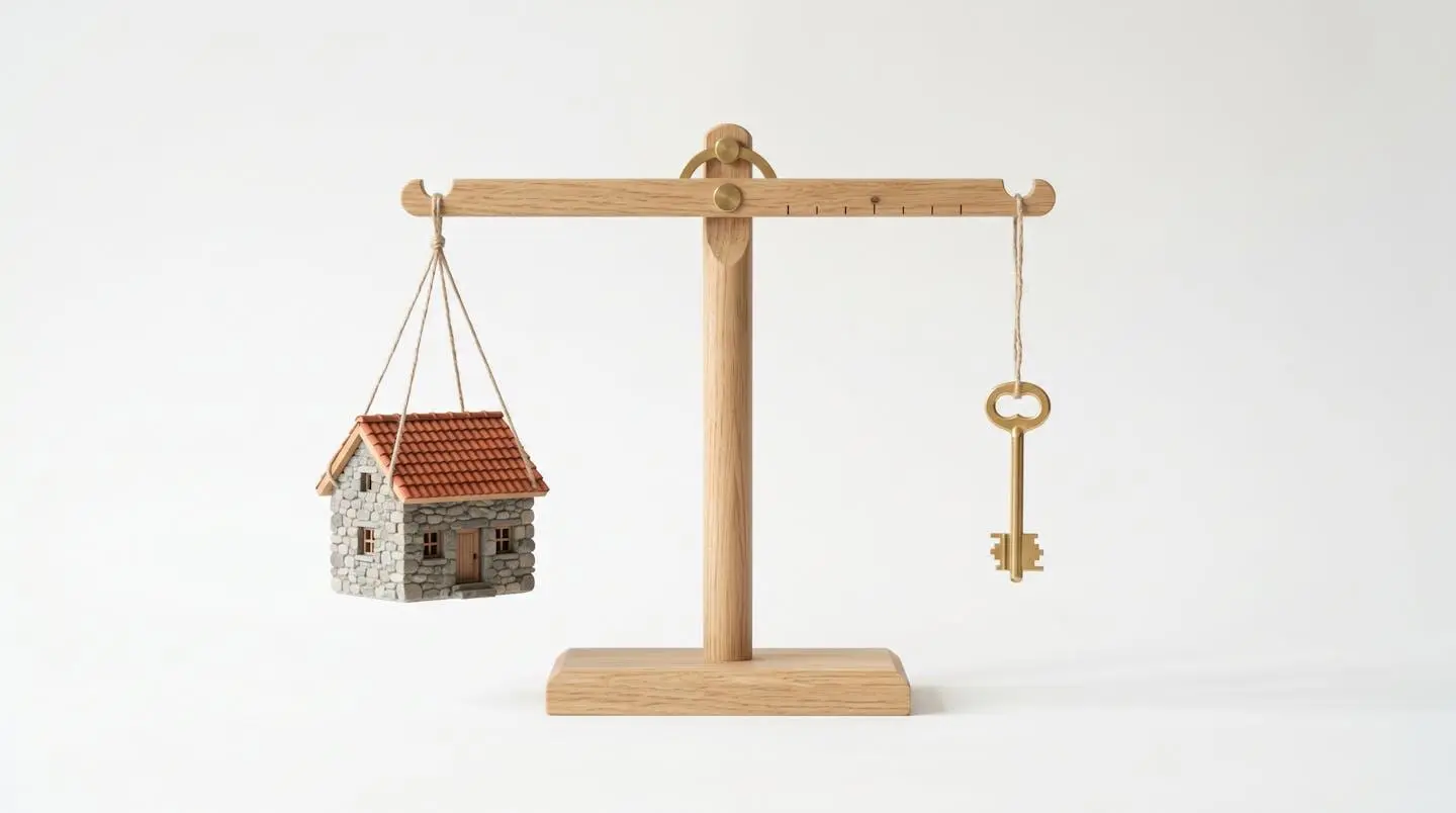 Balance en bois avec une maquette de maison en pierres d'un côté et une clé de l'autre, symbolisant l'équilibre entre charme et potentiel.