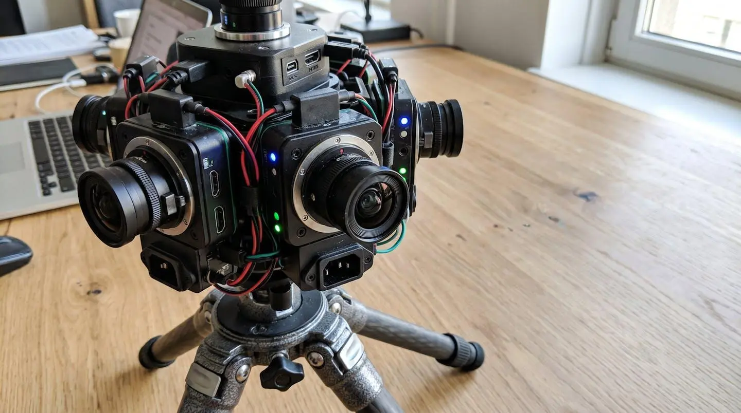 Caméra de visite virtuelle 360° professionnelle avec ses multiples objectifs et voyants lumineux actifs
