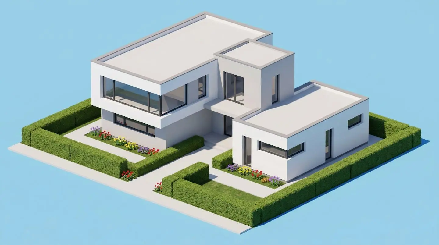 Illustration 3D d'une maison moderne aux lignes épurées avec baies vitrées et jardin minimaliste.