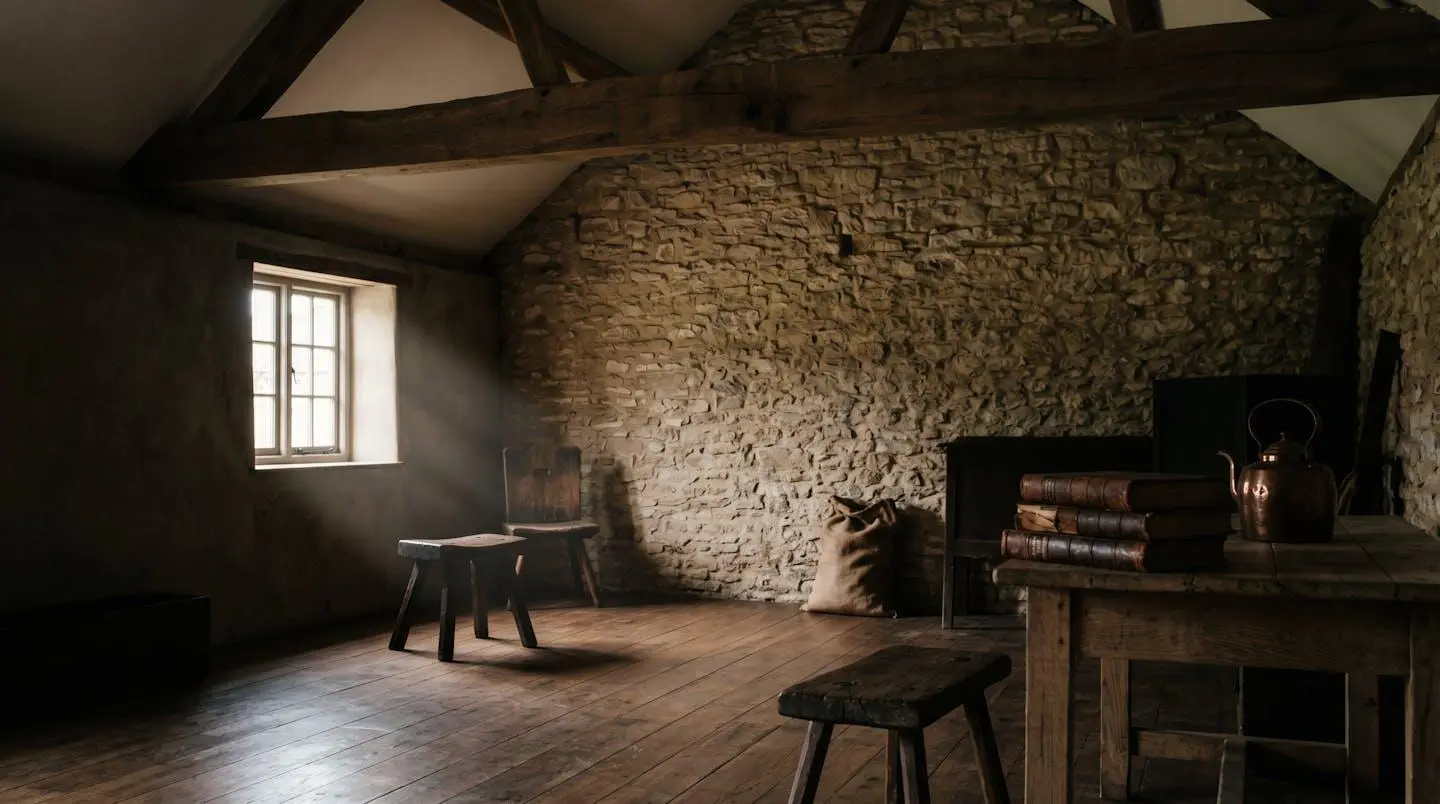 Intérieur d'une grange rénovée avec poutres apparentes et mur en pierre, baigné d'une lumière tamisée.