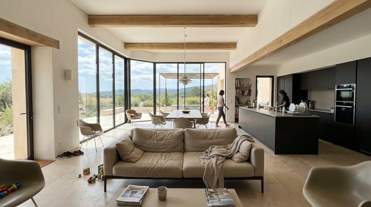 Intérieur lumineux de villa de luxe avec grande pièce à vivre ouverte et baies vitrées, décor contemporain