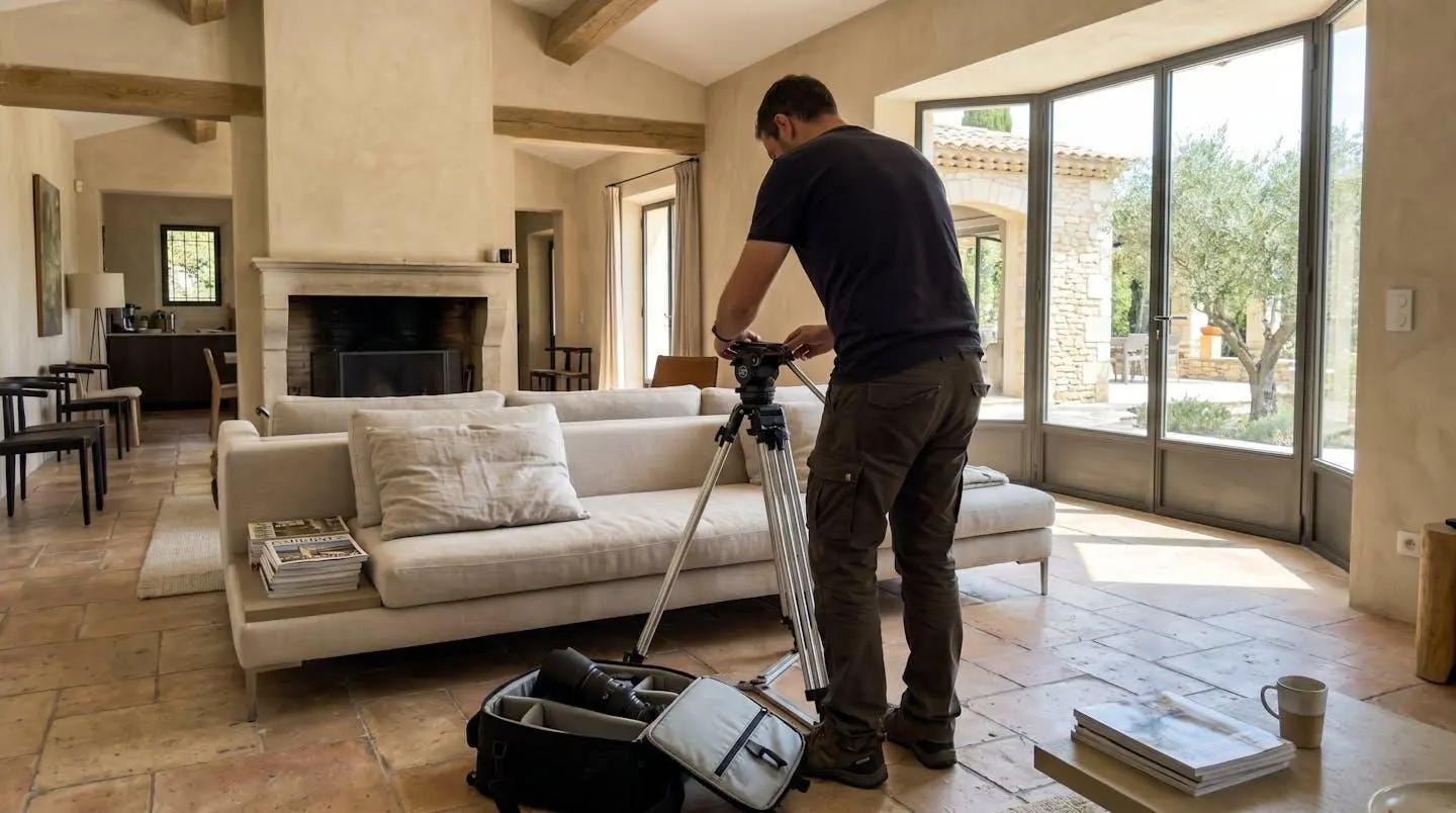 Photographe professionnel installant son équipement dans un salon de villa de luxe pour un shooting immobilier