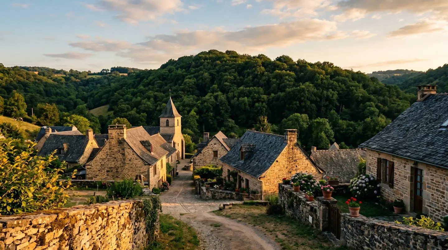 Vue panoramique d'un village corrézien typique au coucher du soleil, avec maisons en pierres et toits d'ardoise.