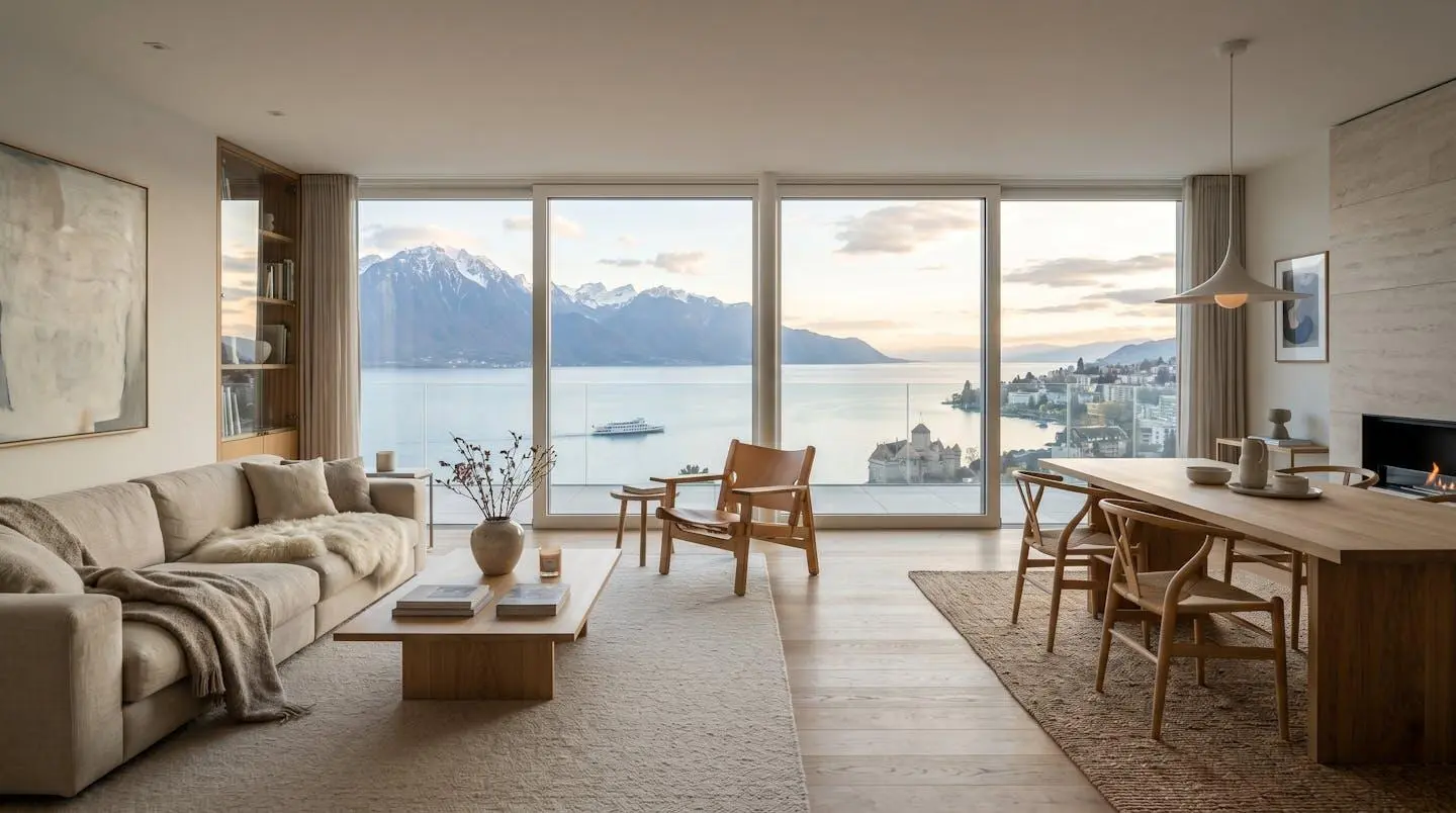 Intérieur d'un appartement de prestige à Montreux avec baies vitrées donnant sur le lac Léman