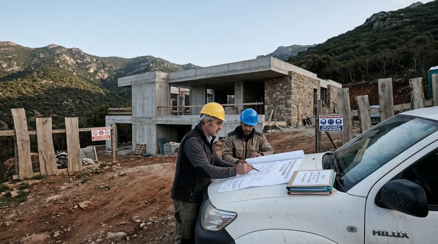 Chantier de construction d'une maison contemporaine en Corse avec chef de chantier consultant des documents réglementaires, relief montagneux et maquis en arrière-plan