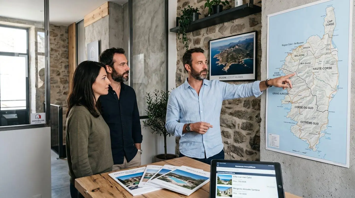 Conseiller immobilier montrant sur une carte murale de Corse les différentes zones géographiques à un couple de clients dans un bureau d'agence immobilière contemporain