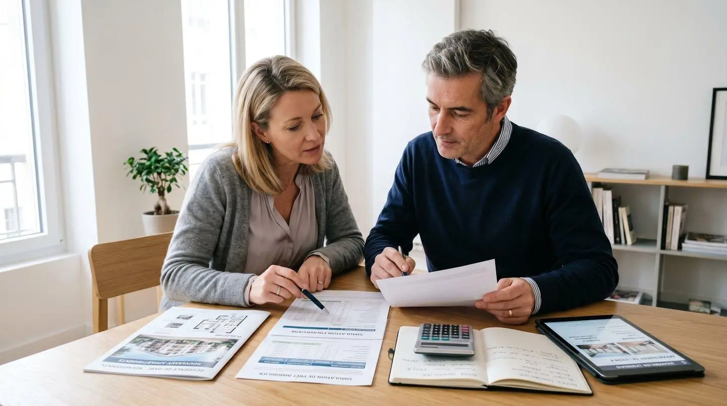 Couple analysant ensemble des documents immobiliers, simulations financières et annonces sur tablette, assis à une table en bois dans un intérieur lumineux