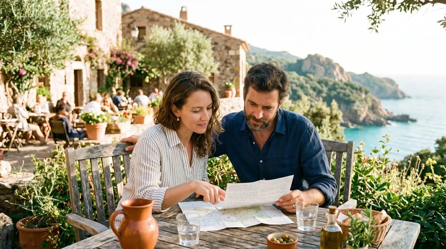 Couple lisant attentivement un contrat de location de vacances sur une terrasse ensoleillée en Corse du Sud