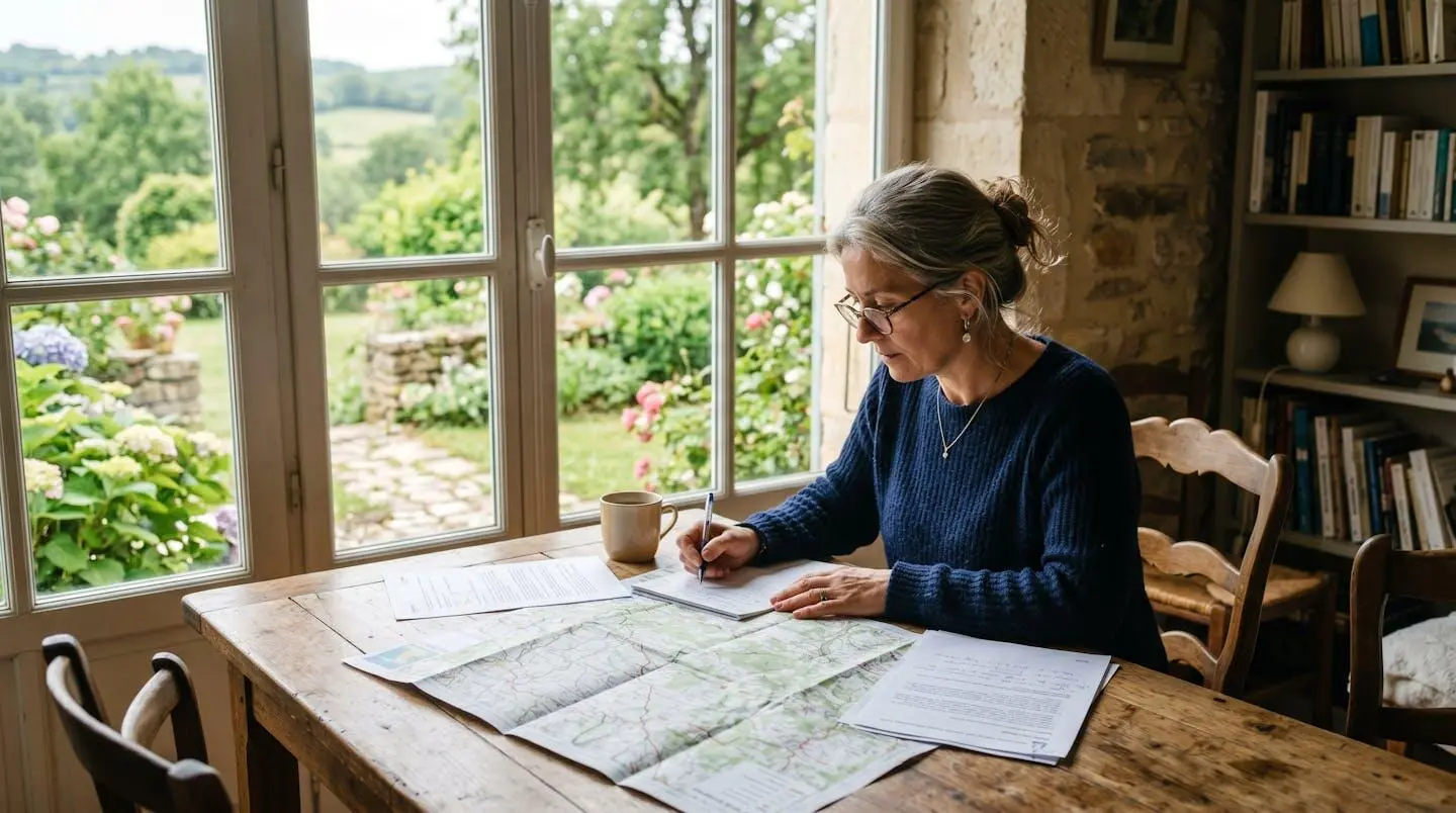 Personne analysant des documents immobiliers avec vue sur jardins, lumière naturelle