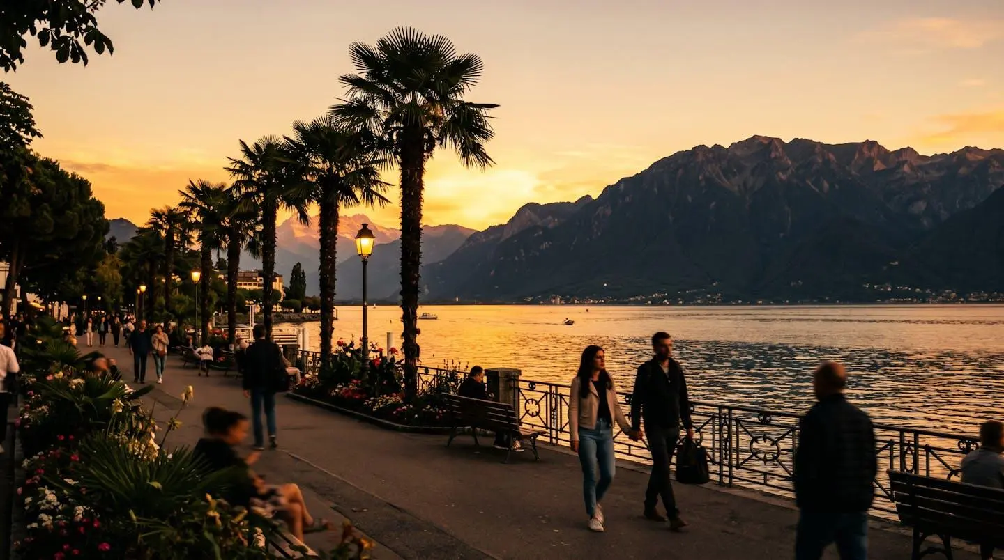 Promenade des quais de Montreux au coucher du soleil, palmiers en premier plan et lac Léman éclairé