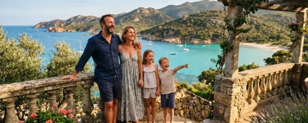 Famille observant le golfe du Valinco depuis la terrasse d'une villa louée à Propriano, Corse du Sud