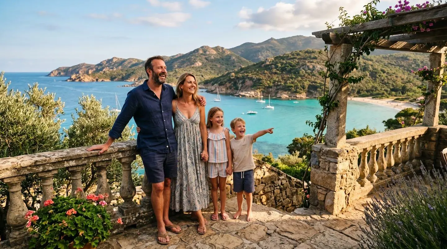 Famille observant le golfe du Valinco depuis la terrasse d'une villa louée à Propriano, Corse du Sud