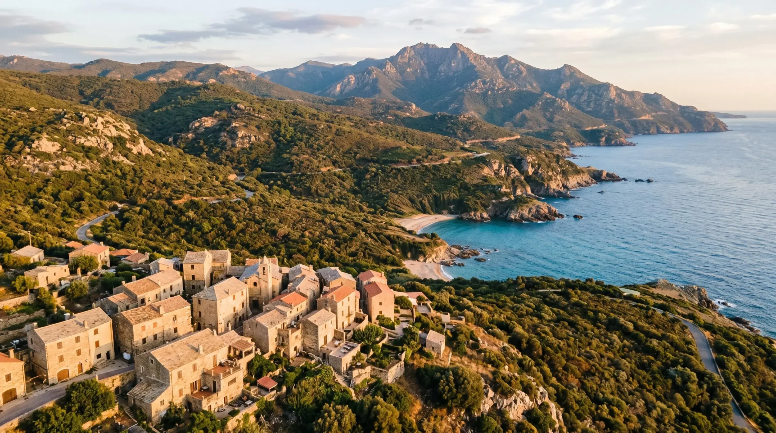 Vue aérienne d'une zone côtière corse montrant l'architecture traditionnelle en pierre avec toits de tuiles, le maquis méditerranéen et le relief vallonné caractéristique de l'île, sous une lumière dorée de fin de journée