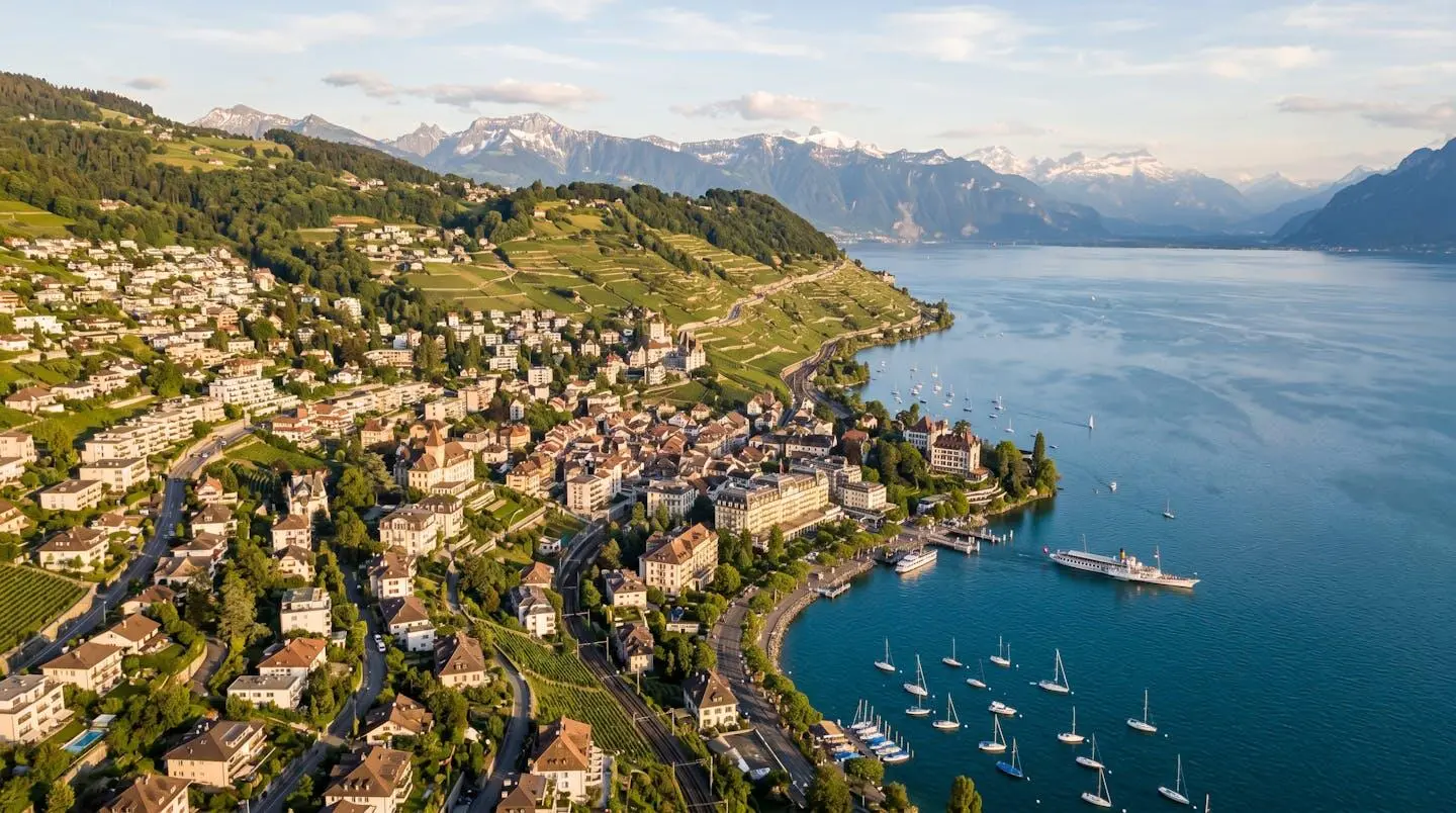 Vue panoramique sur le lac Léman depuis Montreux, avec les Alpes en arrière-plan et des immeubles résidentiels en terrasses