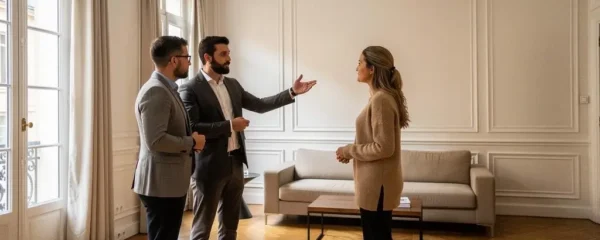 Agent immobilier présentant un appartement à des clients lors d'une visite professionnelle