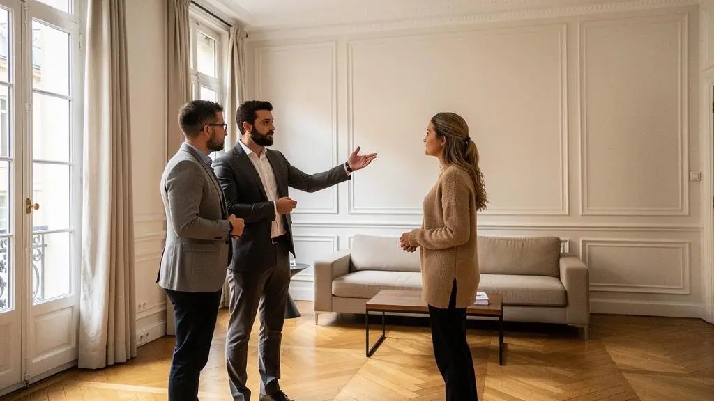 Agent immobilier présentant un appartement à des clients lors d'une visite professionnelle
