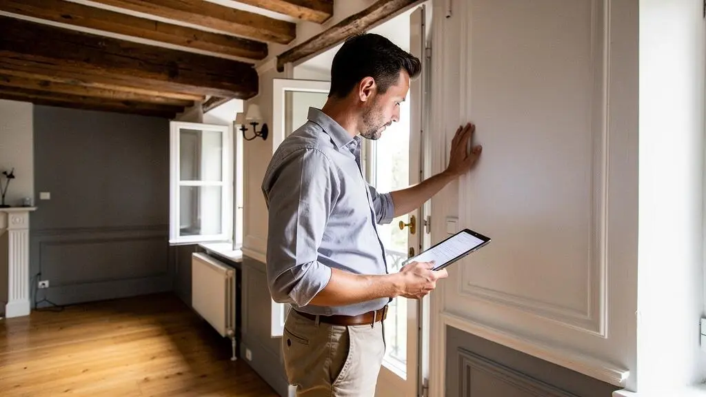 Professionnel de l'immobilier réalisant une estimation détaillée dans un bien résidentiel